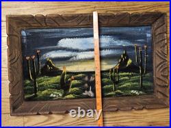 Vintage Desert Cactus Black Velvet Painting Clouds Carved Wood Frame Desert