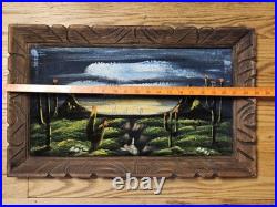 Vintage Desert Cactus Black Velvet Painting Clouds Carved Wood Frame Desert