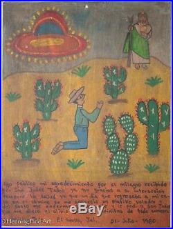 Vintage Ex Voto Folk Art Mexican Painting of Religious Icon in Desert Landscape