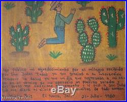 Vintage Ex Voto Folk Art Mexican Painting of Religious Icon in Desert Landscape