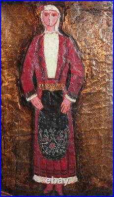 Vintage Expressionist Woman Bulgarian Folk Costume Oil Painting