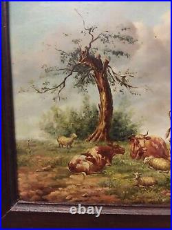 Vintage Farm Landscape COWS AND SHEEP Oil Painting in Ornate Wood Frame