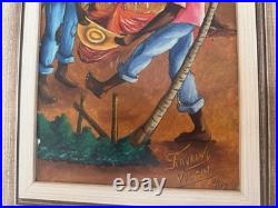Vintage Favrange Valcin Haiti Art Painting Framed Signed Original. Cock Fight