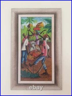 Vintage Favrange Valcin Haiti Art Painting Framed Signed Original. Cock Fight