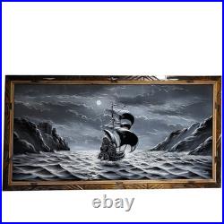 Vintage Felix Signed Black Velvet Pirate Ship Painting Mexico Carved Wood Frame