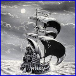 Vintage Felix Signed Black Velvet Pirate Ship Painting Mexico Carved Wood Frame