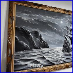 Vintage Felix Signed Black Velvet Pirate Ship Painting Mexico Carved Wood Frame