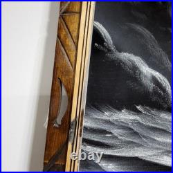 Vintage Felix Signed Black Velvet Pirate Ship Painting Mexico Carved Wood Frame