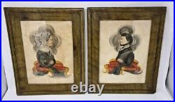 Vintage Folk Art Abraham & Mary Todd Lincoln Watercolor Paintings Signed Dated