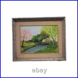 Vintage Folk Art American Primitive Scene Oil Painting Signed And Framed