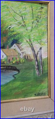 Vintage Folk Art American Primitive Scene Oil Painting Signed And Framed