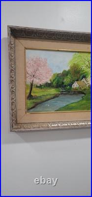 Vintage Folk Art American Primitive Scene Oil Painting Signed And Framed