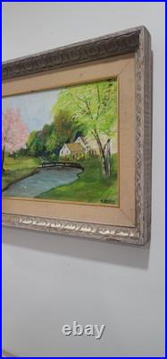 Vintage Folk Art American Primitive Scene Oil Painting Signed And Framed