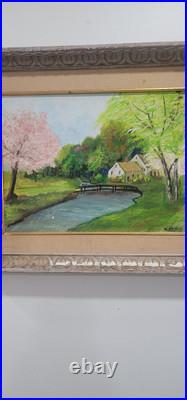 Vintage Folk Art American Primitive Scene Oil Painting Signed And Framed