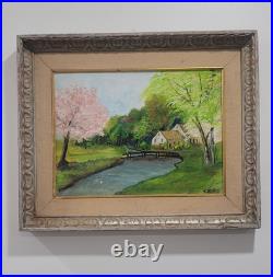 Vintage Folk Art American Primitive Scene Oil Painting Signed And Framed