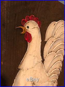 Vintage Folk Art Chicken Rooster Original Oil Painting Libby Wood Board farm