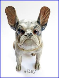 Vintage Folk Art Hand Carved & Painted Sitting French Bulldog With Glass Eyes