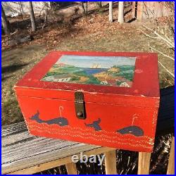 Vintage Folk Art Hand Painted Small Pine Wooden Box Nautical Theme