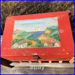 Vintage Folk Art Hand Painted Small Pine Wooden Box Nautical Theme