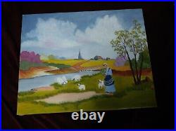 Vintage Folk Art Landscape Painting Primitive Original Signed Farming Sheep