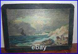 Vintage Folk Art Oil Painting On Chalkboard Slate Nautical Scene