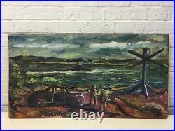 Vintage Folk Art Oil Painting Plywood Board Mid Century Car Landscape Figures