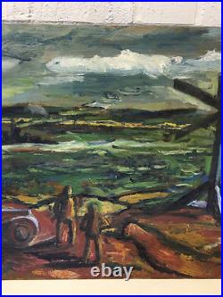 Vintage Folk Art Oil Painting Plywood Board Mid Century Car Landscape Figures