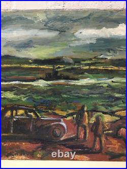 Vintage Folk Art Oil Painting Plywood Board Mid Century Car Landscape Figures