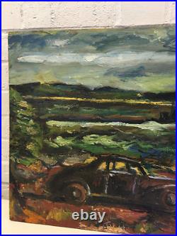 Vintage Folk Art Oil Painting Plywood Board Mid Century Car Landscape Figures