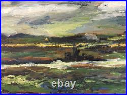 Vintage Folk Art Oil Painting Plywood Board Mid Century Car Landscape Figures