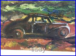 Vintage Folk Art Oil Painting Plywood Board Mid Century Car Landscape Figures