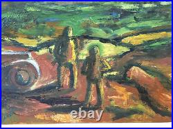Vintage Folk Art Oil Painting Plywood Board Mid Century Car Landscape Figures