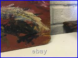 Vintage Folk Art Oil Painting Plywood Board Mid Century Car Landscape Figures