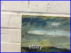Vintage Folk Art Oil Painting Plywood Board Mid Century Car Landscape Figures