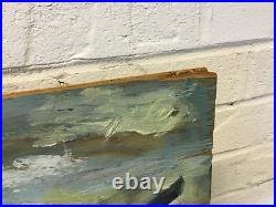 Vintage Folk Art Oil Painting Plywood Board Mid Century Car Landscape Figures