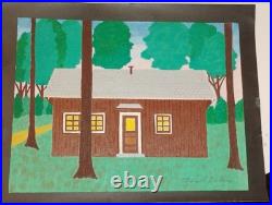 Vintage Folk Art Oil Painting Rustic Cabin In The Woods Signed Merrill Slane