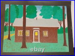 Vintage Folk Art Oil Painting Rustic Cabin In The Woods Signed Merrill Slane