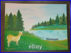 Vintage Folk Art Oil Painting Rustic Cabin In The Woods Signed Merrill Slane