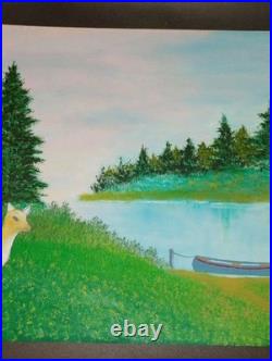 Vintage Folk Art Oil Painting Rustic Cabin In The Woods Signed Merrill Slane