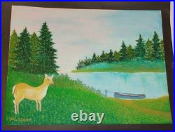 Vintage Folk Art Oil Painting Rustic Cabin In The Woods Signed Merrill Slane