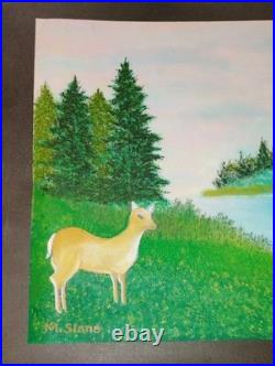 Vintage Folk Art Oil Painting Rustic Cabin In The Woods Signed Merrill Slane