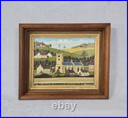 Vintage Folk Art Oil Painting Signed R Lyuins Church Landscape 8x10 Original