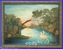 Vintage Folk Art Oil Painting of Florida River Landscape at Sunset Signed Tina Vintage Folk Art Oil Painting of Florida River Landscape at Sunset Signed Tina
