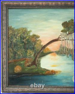 Vintage Folk Art Oil Painting of Florida River Landscape at Sunset Signed Tina Vintage Folk Art Oil Painting of Florida River Landscape at Sunset Signed Tina