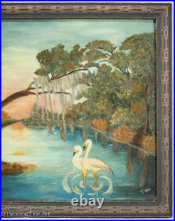 Vintage Folk Art Oil Painting of Florida River Landscape at Sunset Signed Tina Vintage Folk Art Oil Painting of Florida River Landscape at Sunset Signed Tina