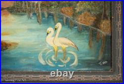 Vintage Folk Art Oil Painting of Florida River Landscape at Sunset Signed Tina Vintage Folk Art Oil Painting of Florida River Landscape at Sunset Signed Tina