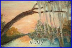 Vintage Folk Art Oil Painting of Florida River Landscape at Sunset Signed Tina Vintage Folk Art Oil Painting of Florida River Landscape at Sunset Signed Tina