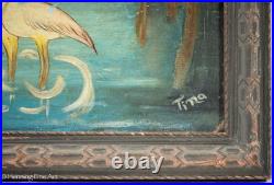 Vintage Folk Art Oil Painting of Florida River Landscape at Sunset Signed Tina Vintage Folk Art Oil Painting of Florida River Landscape at Sunset Signed Tina