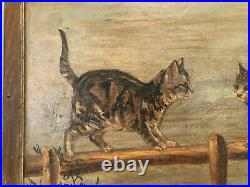 Vintage Folk Art Oil Painting on Board 2 Cats on a Fence Signed Gale