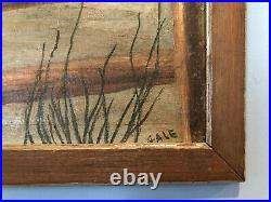 Vintage Folk Art Oil Painting on Board 2 Cats on a Fence Signed Gale